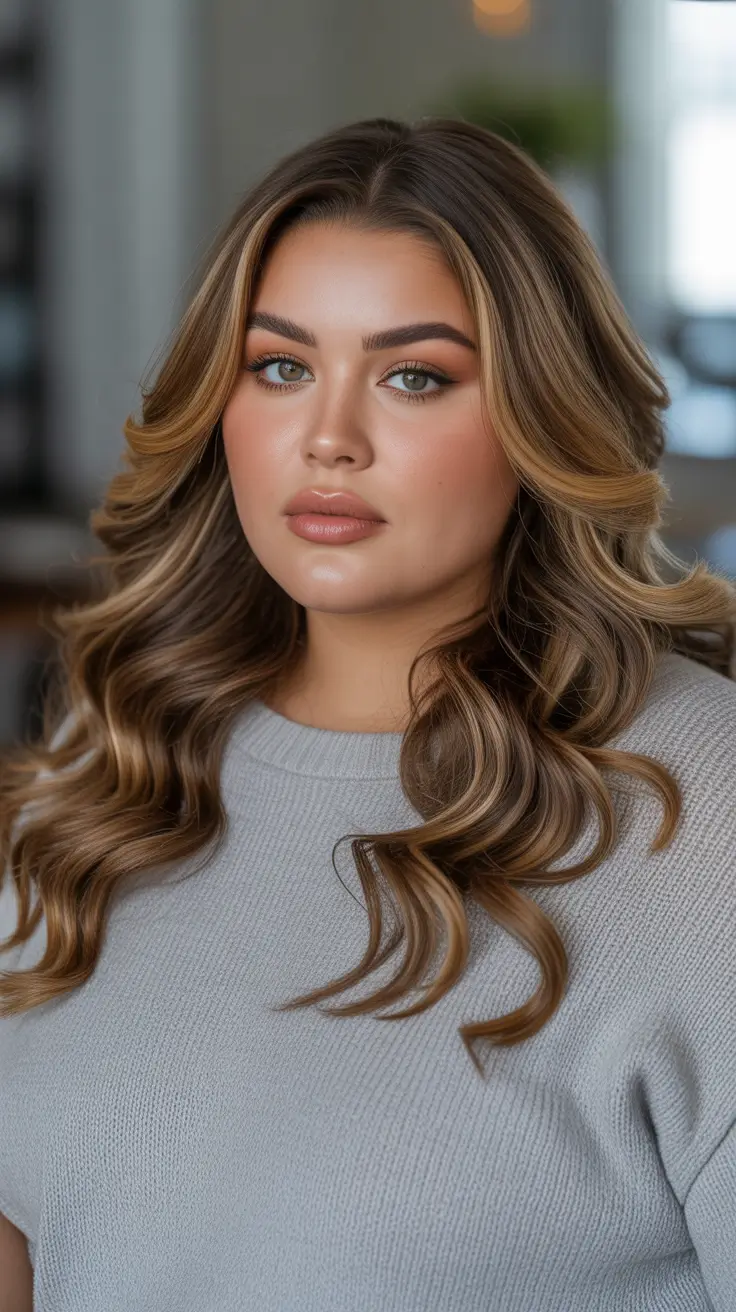 Best Haircuts For Plus Size Women 2026 - Glam Long Waves With Soft Balayage