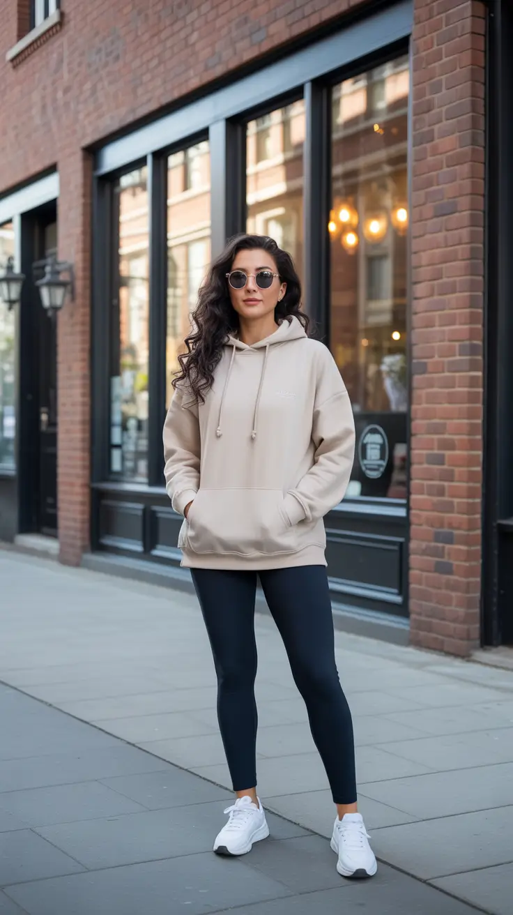 Trendy leggings outfits 2026 - Soft Neutral Hoodie With Black Leggings
