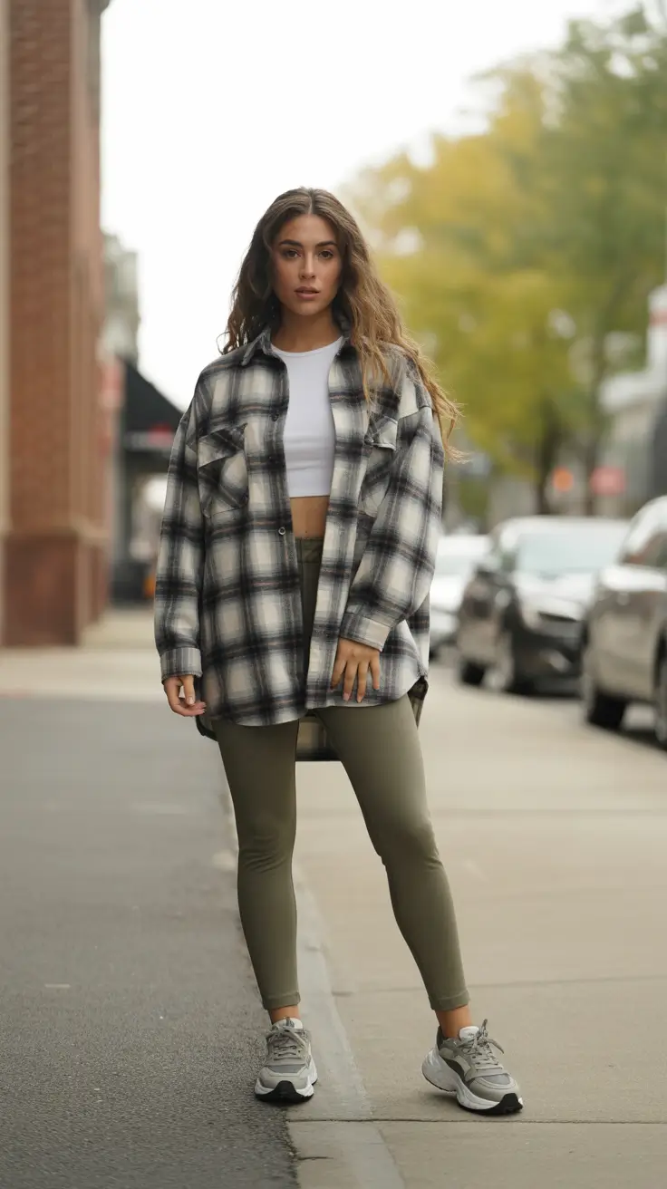 Trendy Leggings Outfits 2026 - Plaid Overshirt With Cropped Tank And Olive Leggings