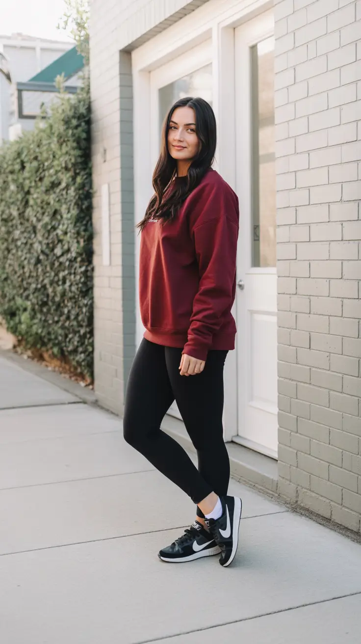 Trendy leggings outfits 2026 - Burgundy Sweatshirt With Everyday Staples