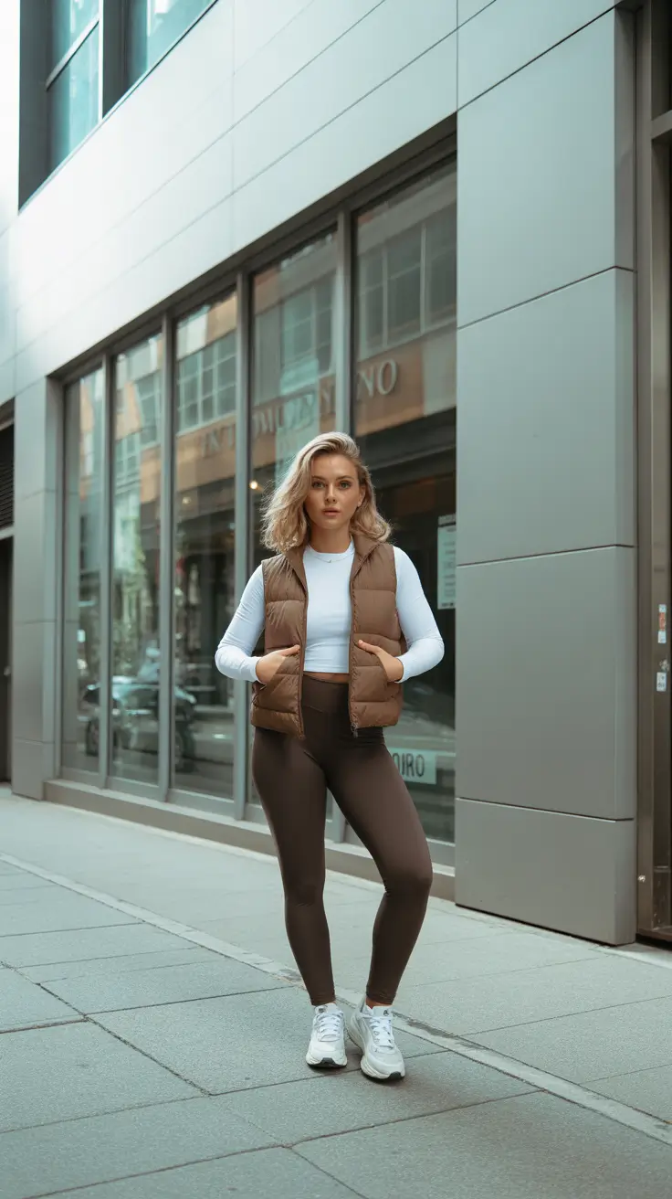 Trendy leggings outfits 2026 - Warm Brown Puffer And Clean Athleisure