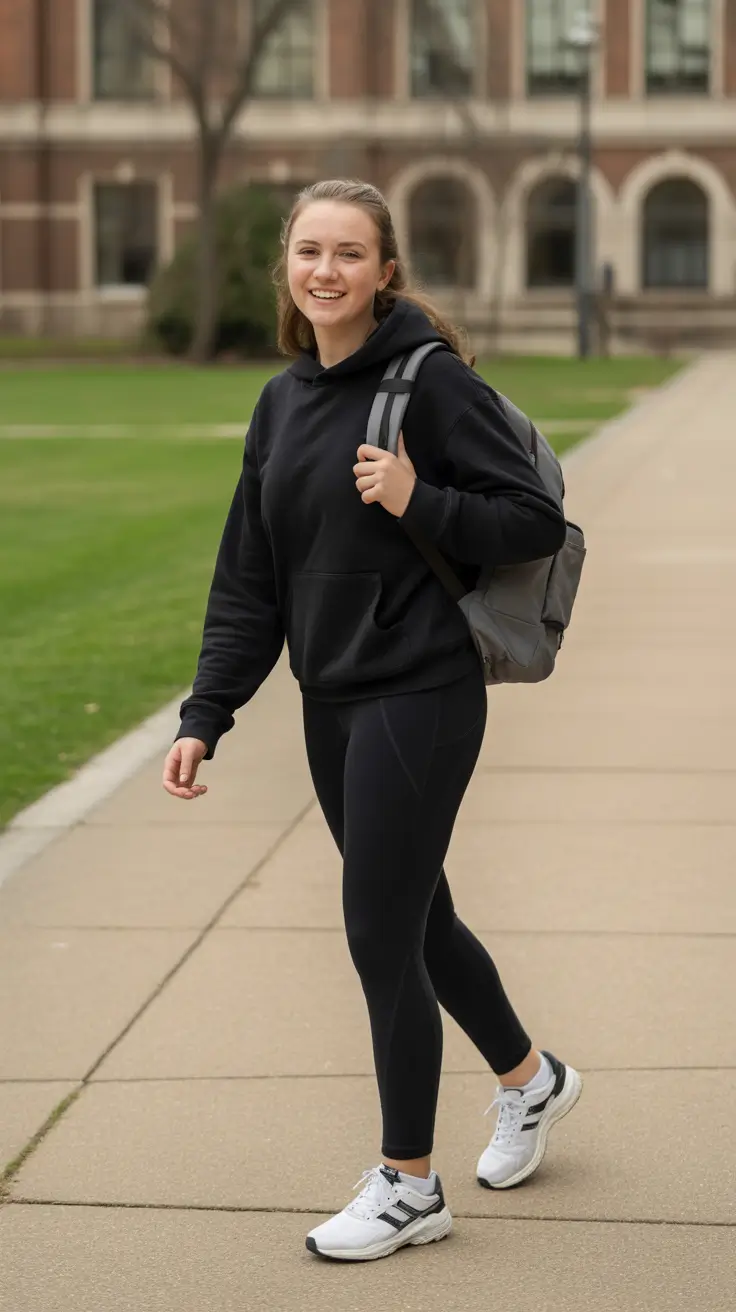 Trendy Leggings Outfits 2026 - Campus Hoodie And Black Leggings