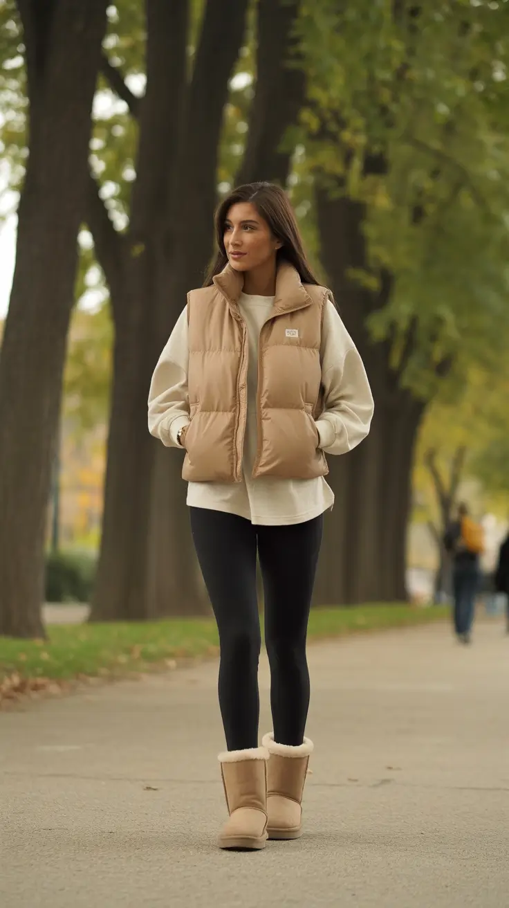 Trendy Leggings Outfits 2026 - Warm Vest With Winter Boots