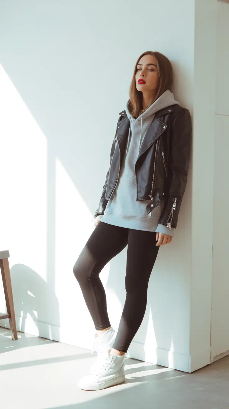 Trendy Leggings Outfits 2026 - Biker Jacket Over Hoodie