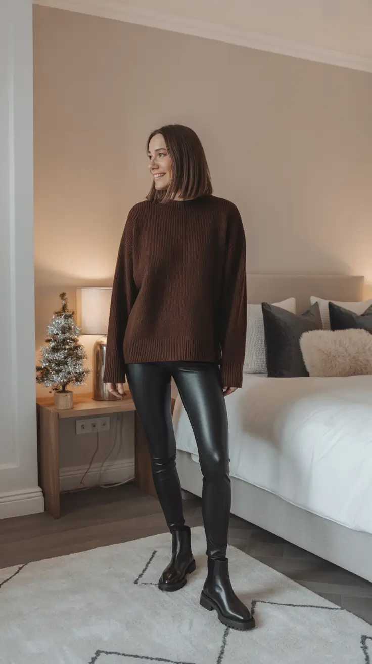 Trendy Leggings Outfits 2026 - Chocolate Knit With Faux-Leather Leggings