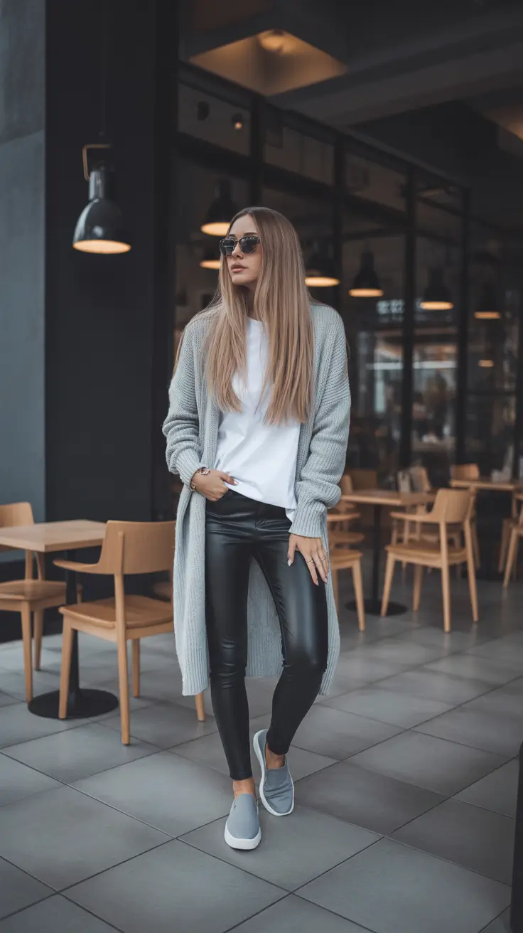 Trendy Leggings Outfits 2026 - Cardigan Duster With Leather Leggings