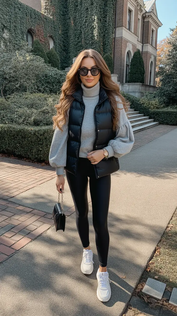 Trendy leggings outfits 2026 - Puffer Vest And Luxe Knit For Errands
