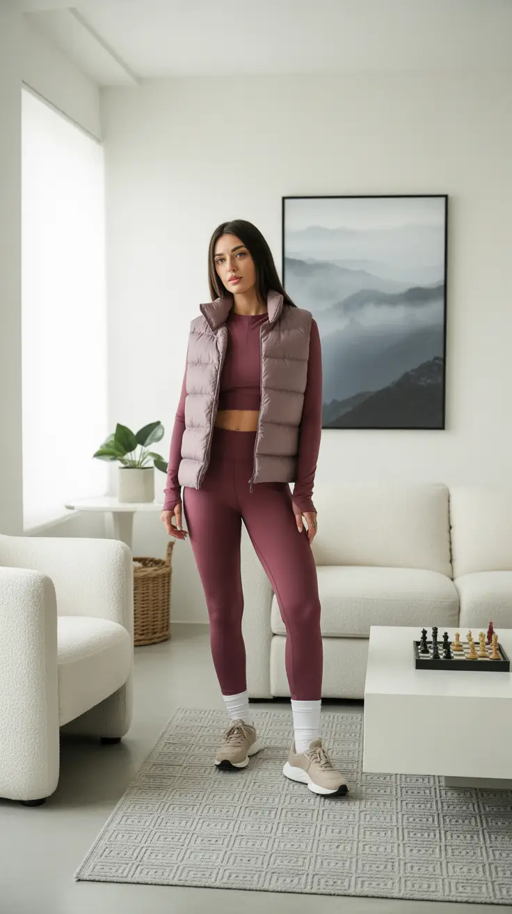 Trendy leggings outfits 2026 - Monochrome Mauve Set With Puffer Pop