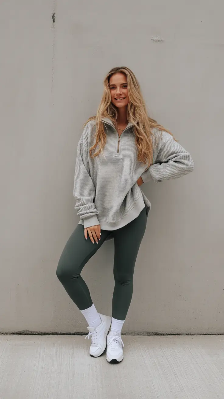Trendy Leggings Outfits 2026 - Cozy Half-Zip And Sage Leggings