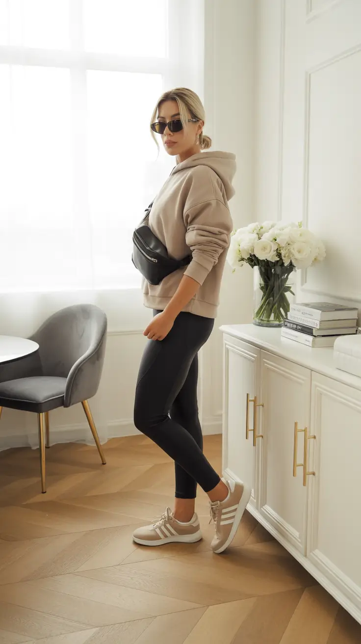 Trendy Leggings Outfits 2026 - Taupe Hoodie With Sleek Black Leggings