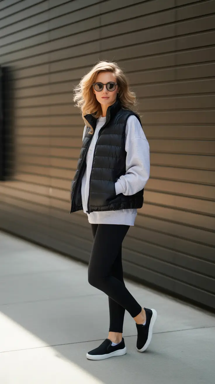 Trendy Leggings Outfits 2026 - Puffer Vest Layers For Cold Mornings