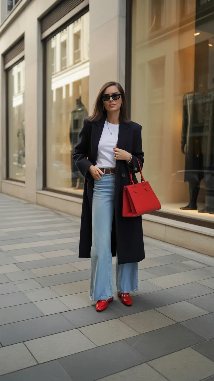 New York Street Style 2026 - Navy Coat, White Tee, And A Red Pop