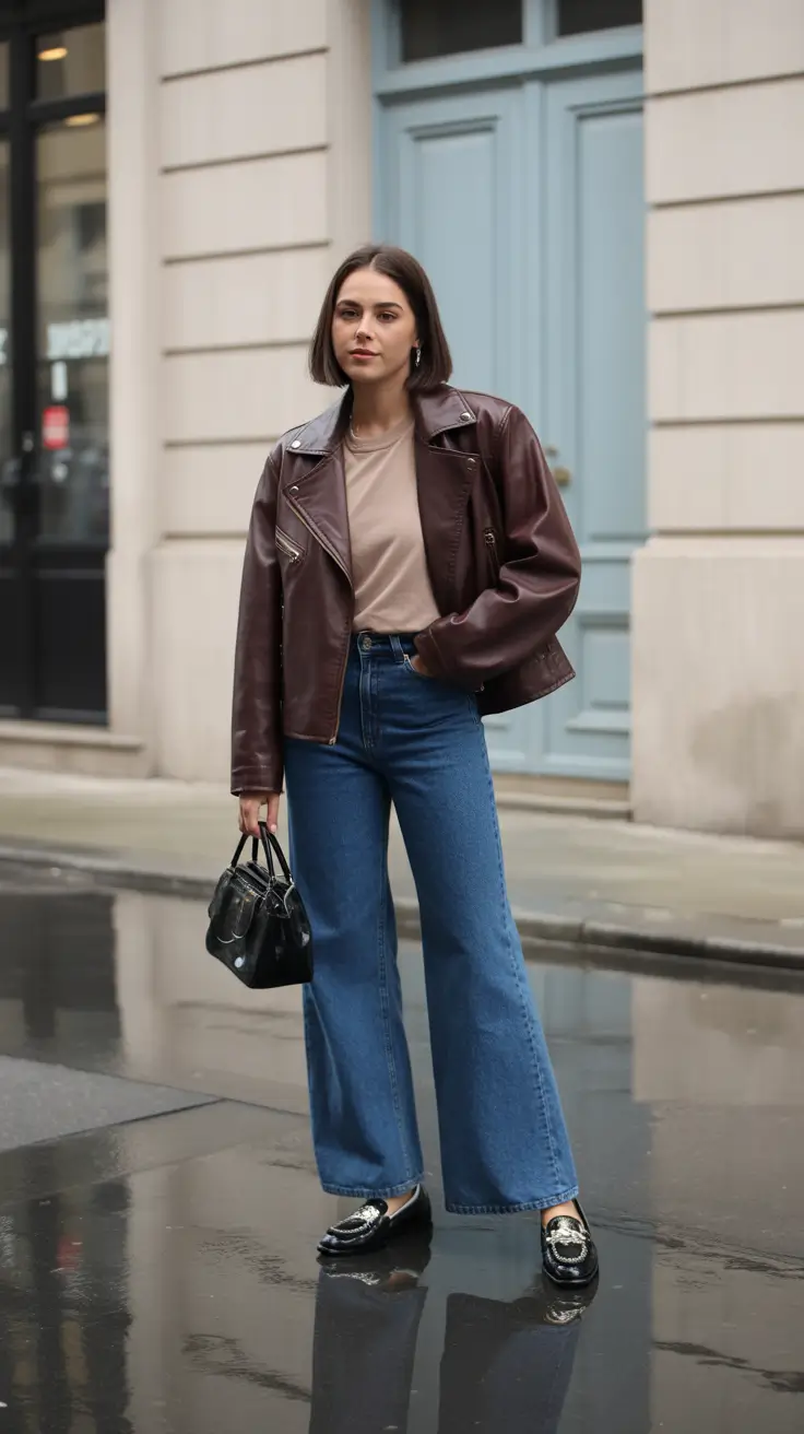 New York Street Style 2026 - Moody Leather Moto With Wide-Leg Denim