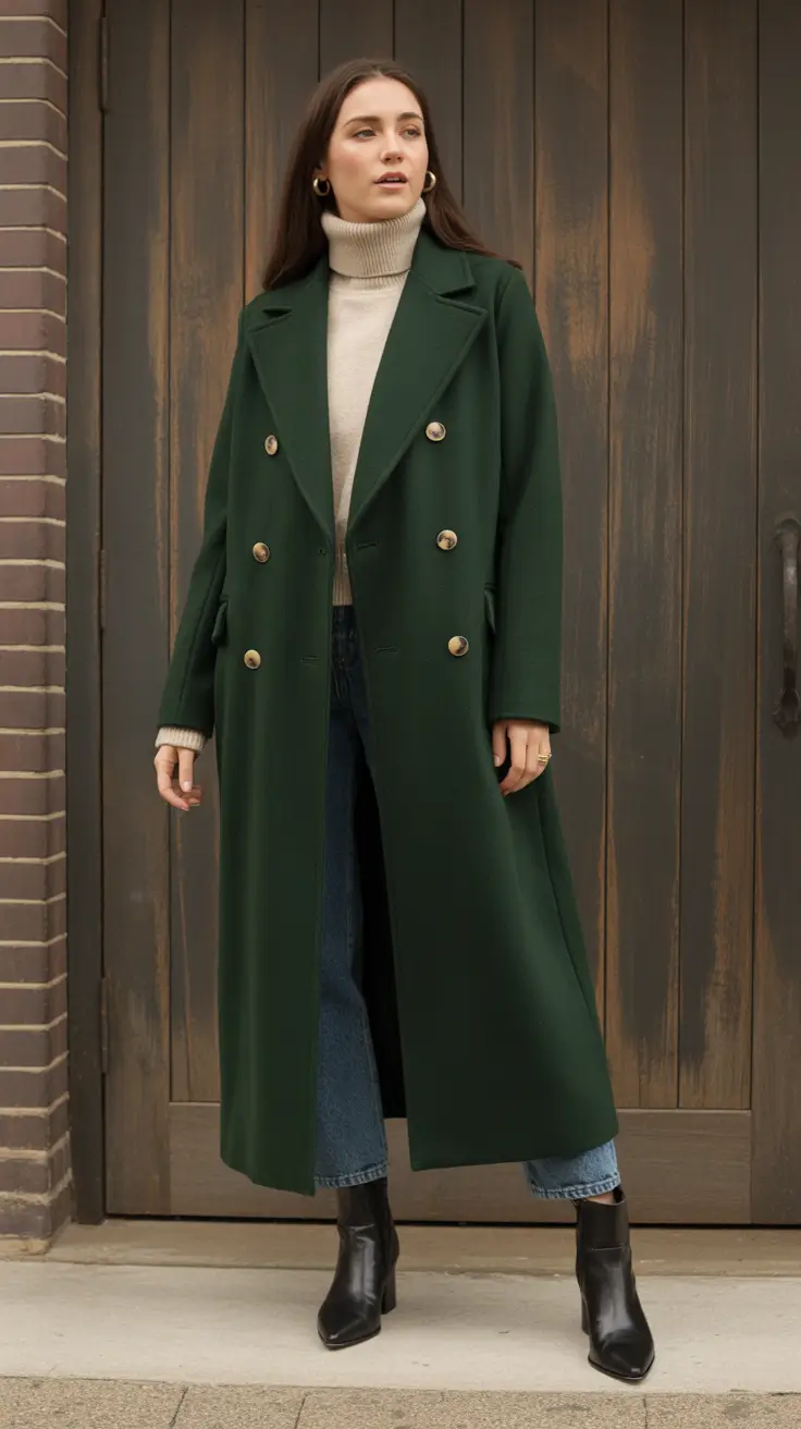 New York Street Style 2026 - Emerald Officer Coat With Luxe Neutrals