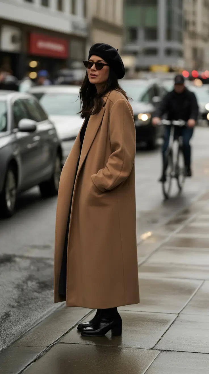 New York Street Style 2026 - Beret And Camel On A Wet Sidewalk