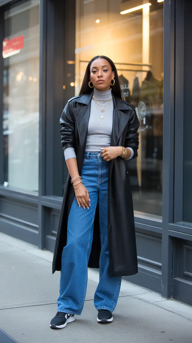 New York street style 2026 - Sporty Leather And Denim, Jewelry Doing The Work