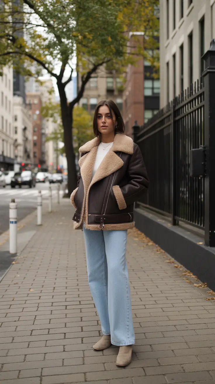 New York Street Style 2026 - Shearling Aviator With Soft-Denim Ease