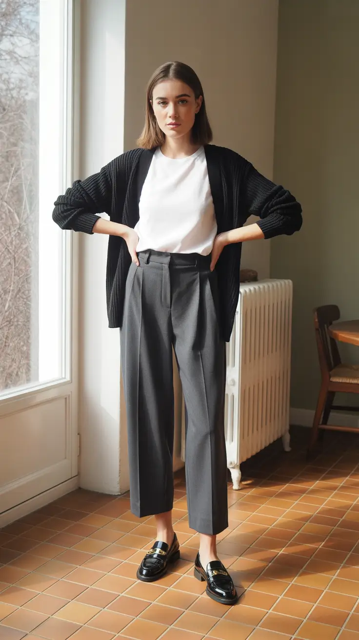 Chic office outfits for work 2026 - Cardigan Ease With Cropped Trousers
