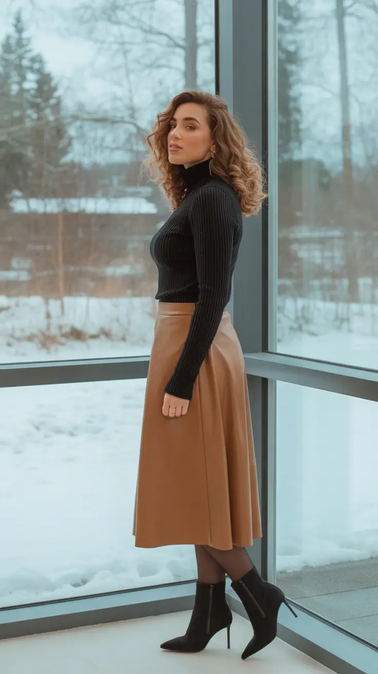 Chic office outfits for work 2026 - Ribbed Turtleneck And Camel Midi
