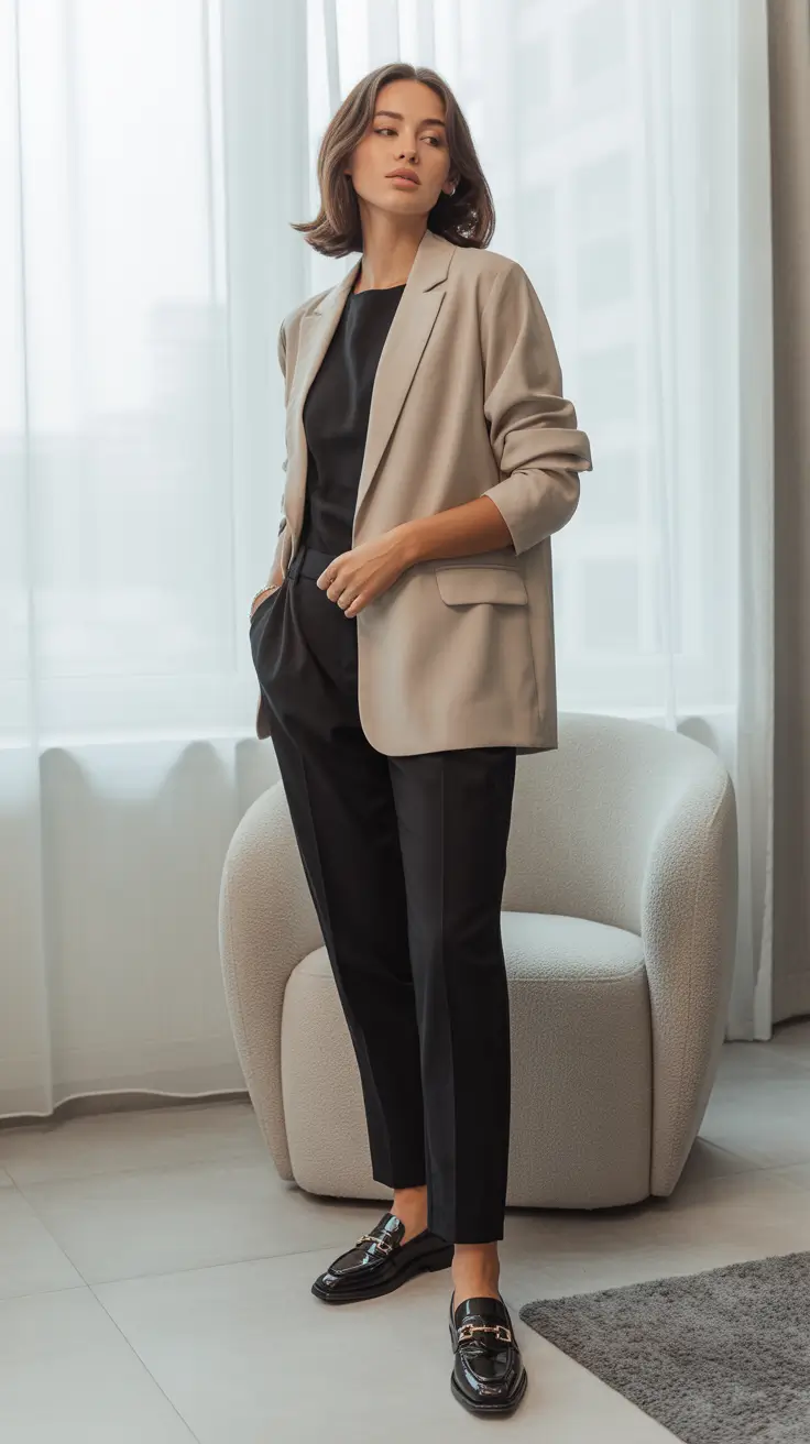 Chic office outfits for work 2026 - Taupe Blazer, Black Foundations