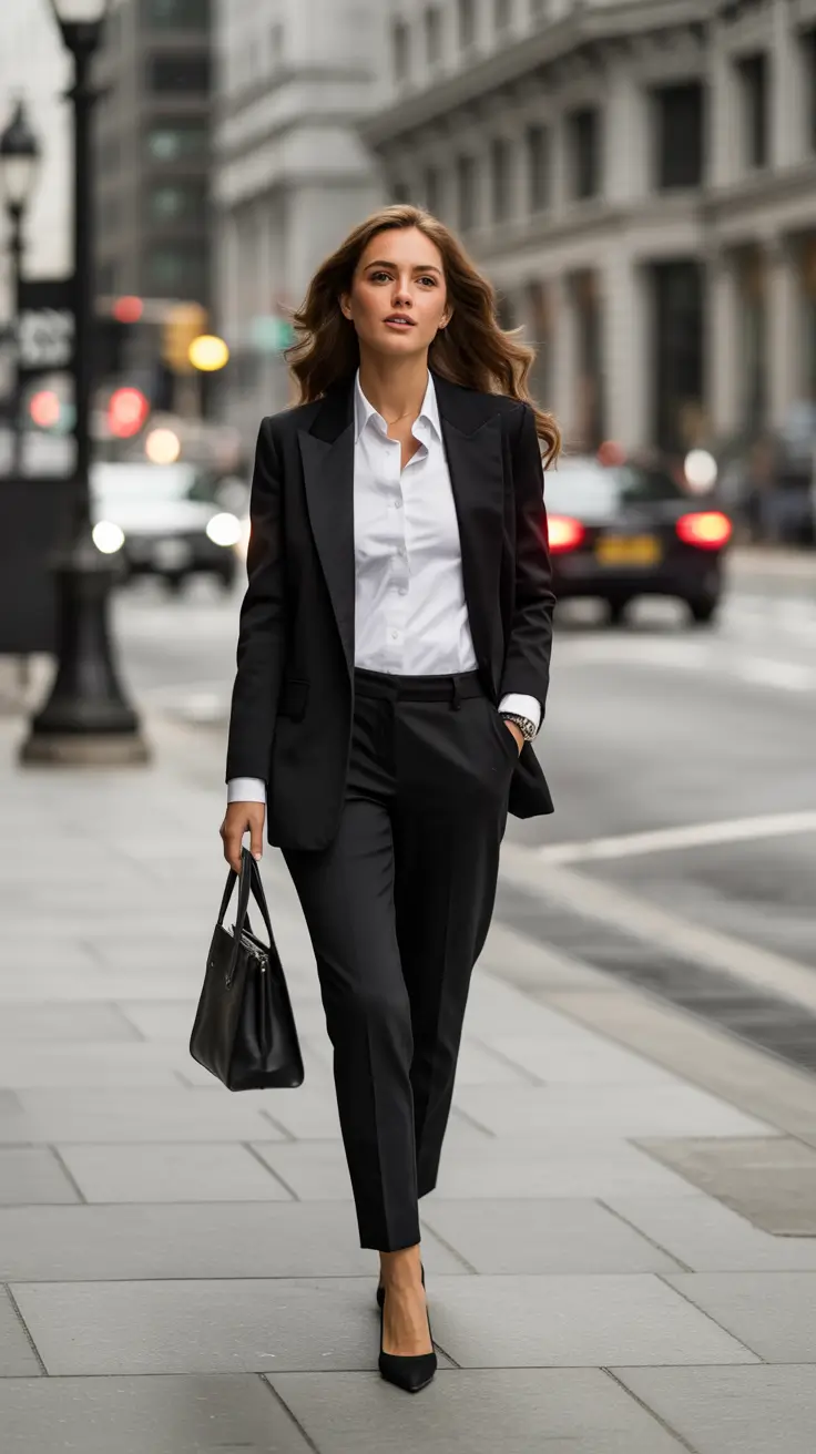 Chic office outfits for work 2026 - City-Ready Black Suit And White Shirt