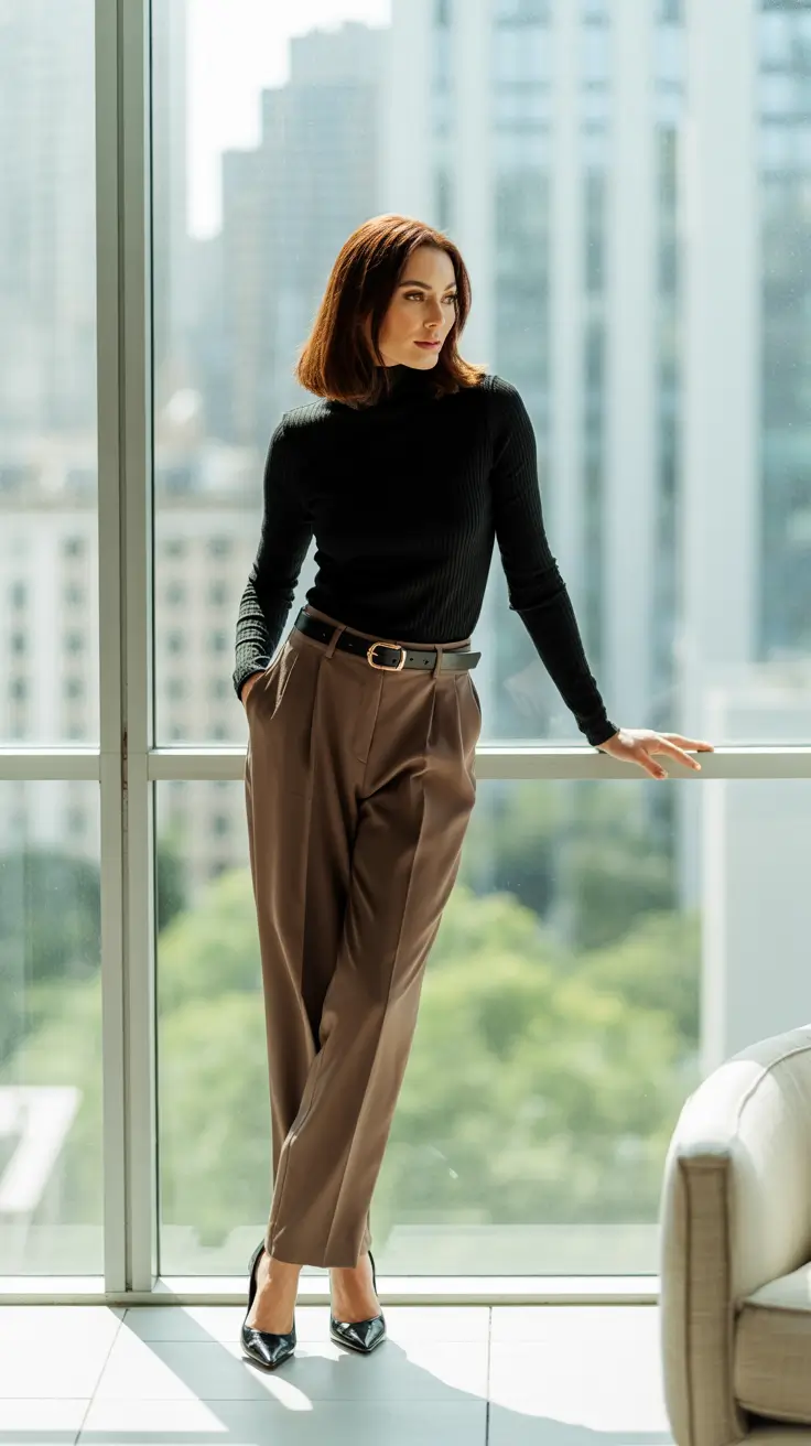 Chic office outfits for work 2026 - Chocolate Trousers With Sleek Knit