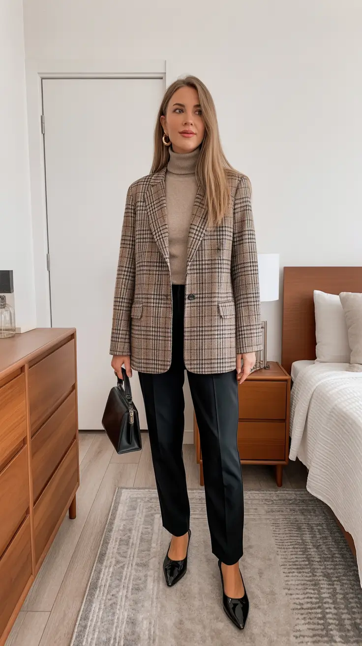Chic Office Outfits For Work 2026 - Heritage Check Blazer With Taupe Turtleneck