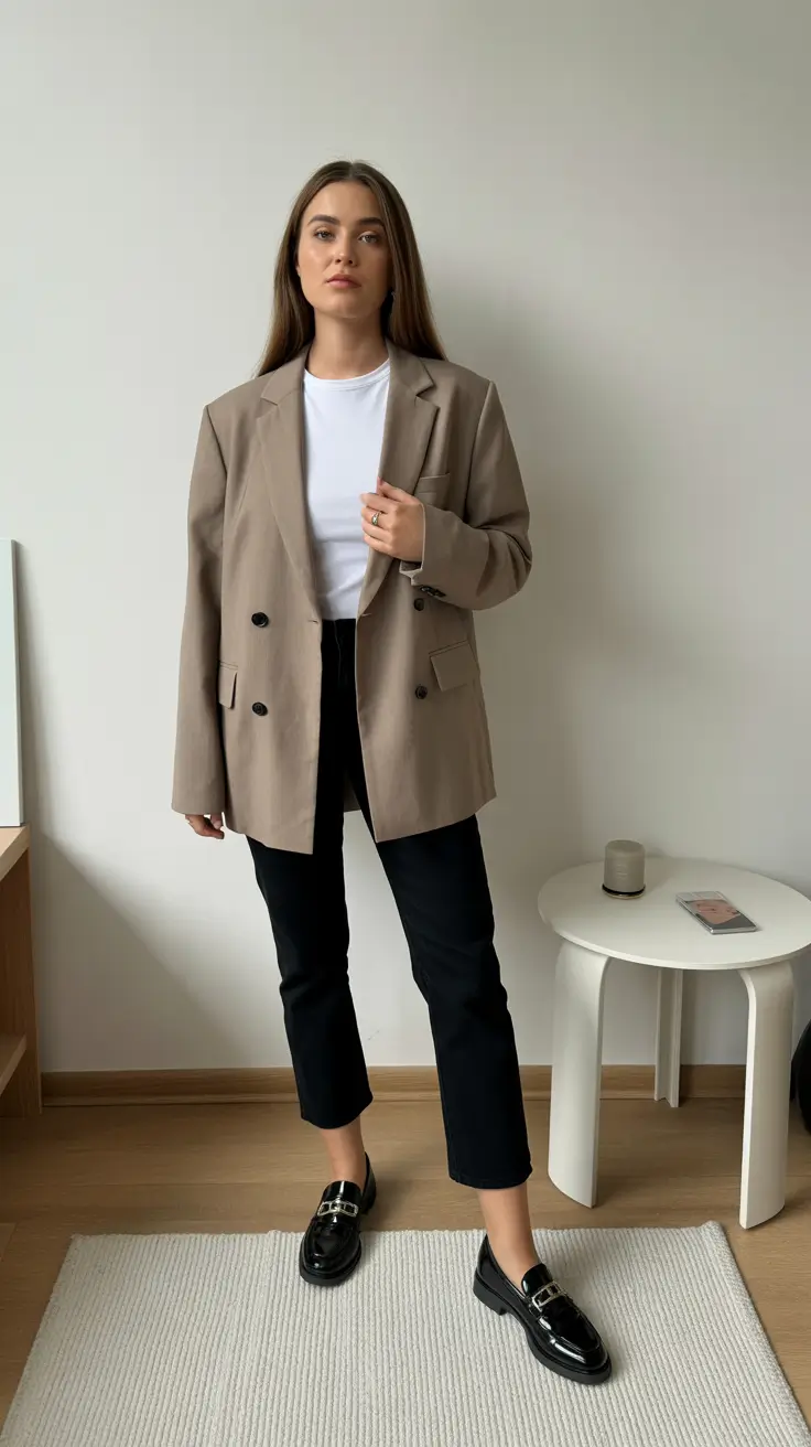 Chic Office Outfits For Work 2026 - Relaxed Taupe Blazer With Cropped Trousers And Loafers