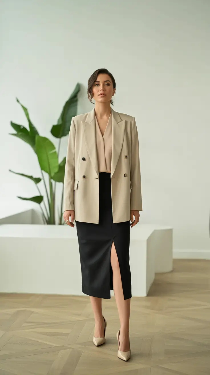 Chic Office Outfits For Work 2026 - Double-Breasted Blazer With Slit Pencil Skirt