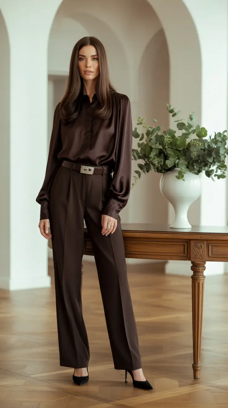 Chic office outfits for work 2026 - Monochrome Chocolate Power Pairing