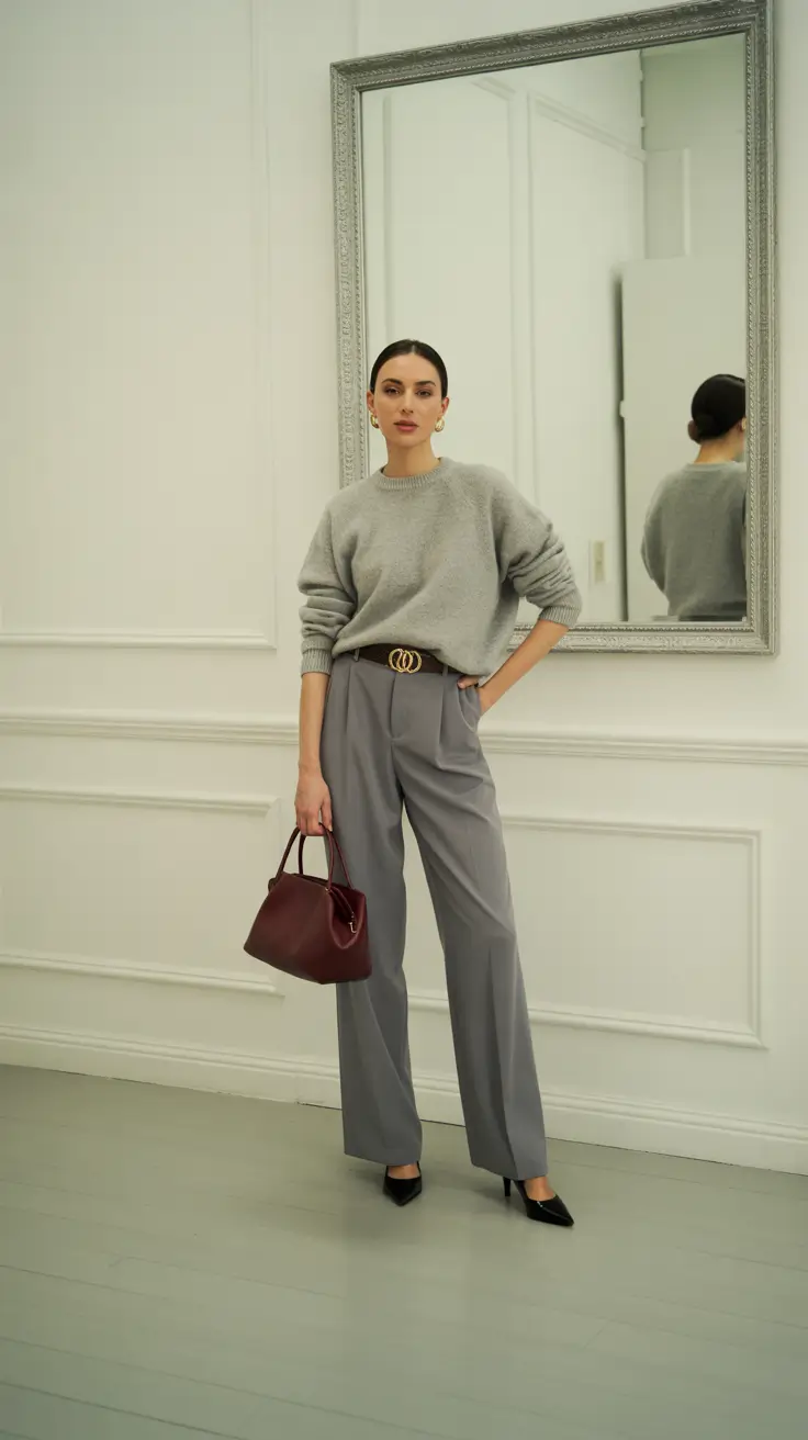 Chic Office Outfits For Work 2026 - Soft Grey Knit With Pleated Trousers And Burgundy Tote