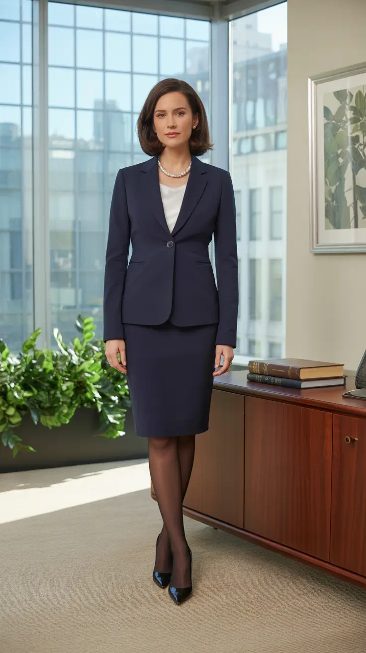 Chic Office Outfits For Work 2026 - Classic Navy Suit With Pearl Polish
