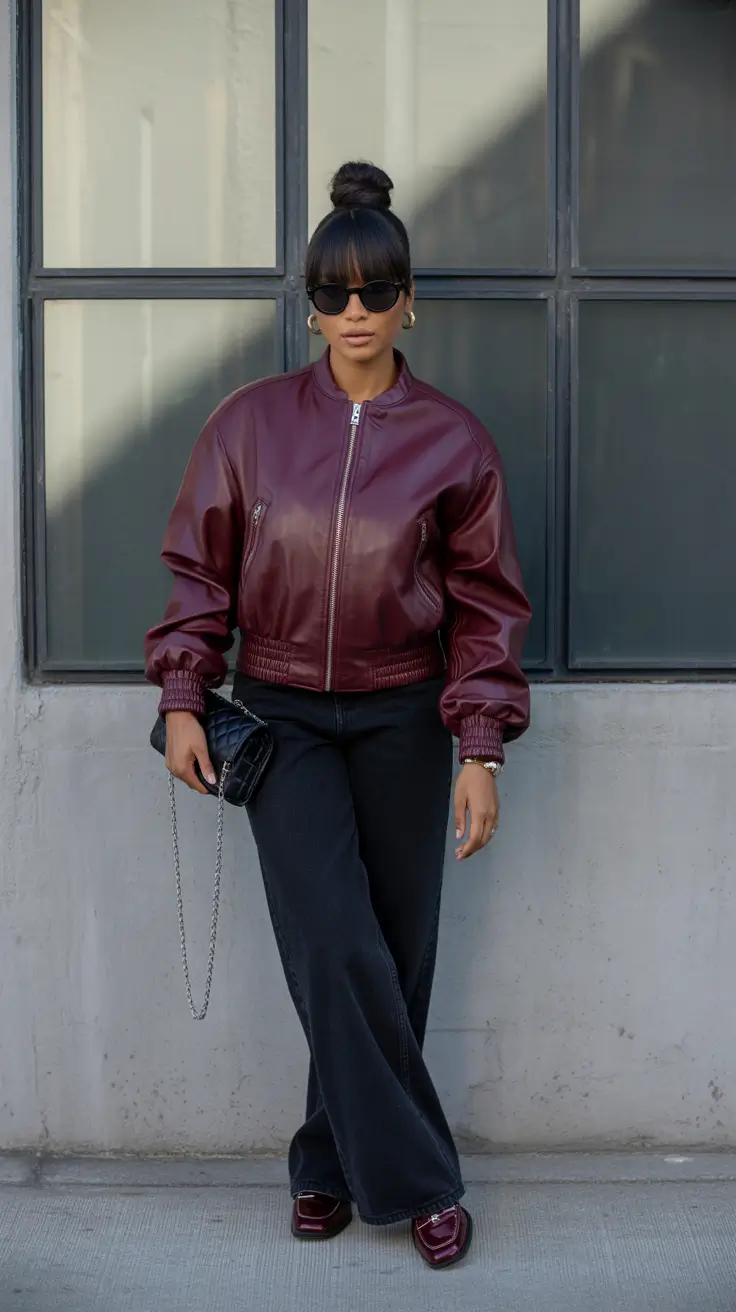 Outfit ideas for Black women 2026 - Wine Toned Bomber For Modern Street Style