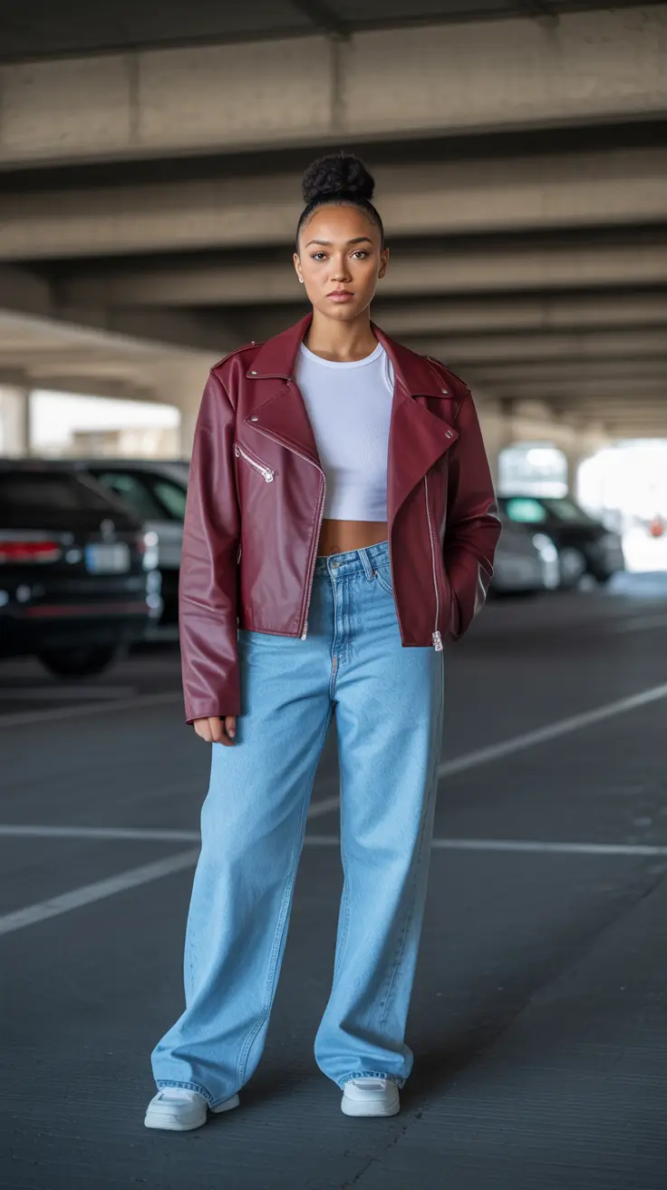 Outfit Ideas For Black Women 2026 - Burgundy Moto Jacket With Wide Leg Denim