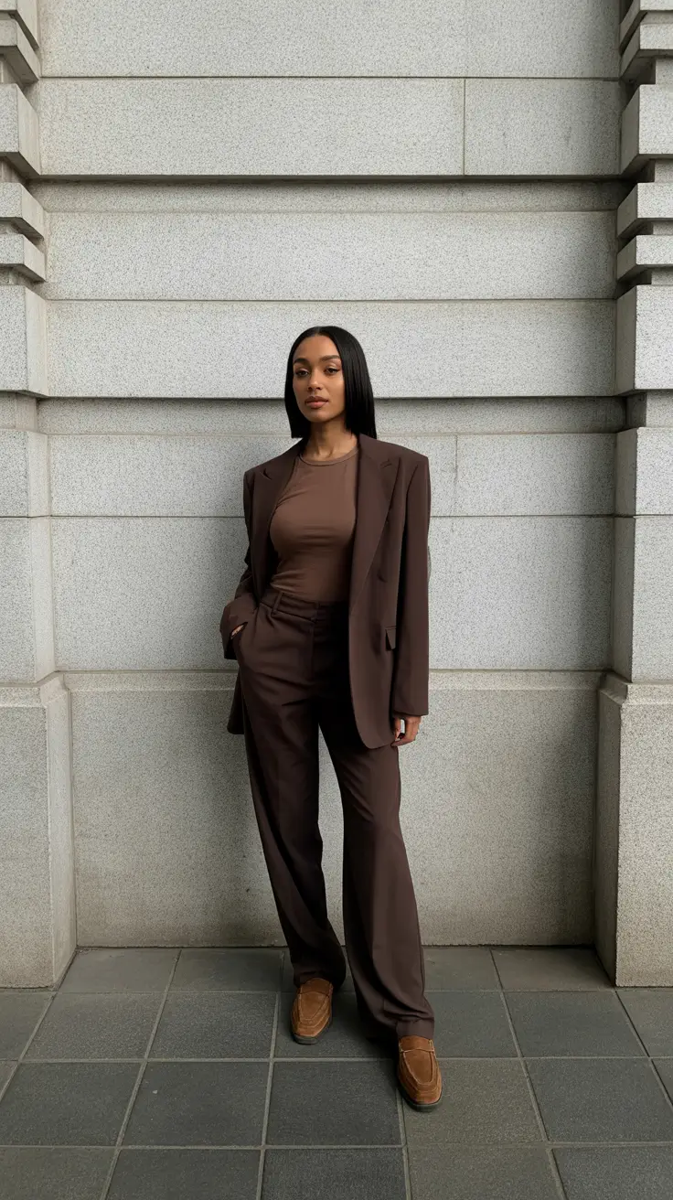 Outfit Ideas For Black Women 2026 - Monochrome Chocolate Suit For Modern Power