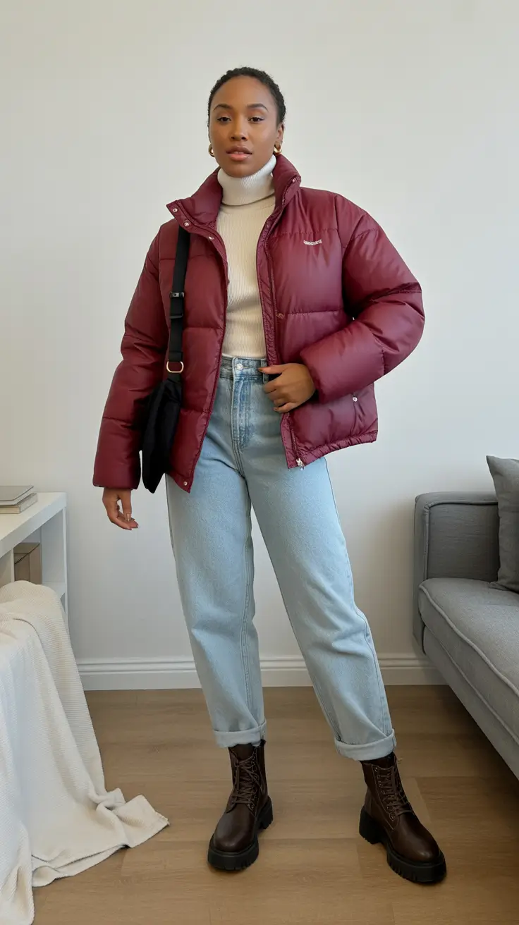 Outfit ideas for Black women 2026 - Warm Berry Puffer For Everyday Winter Errands