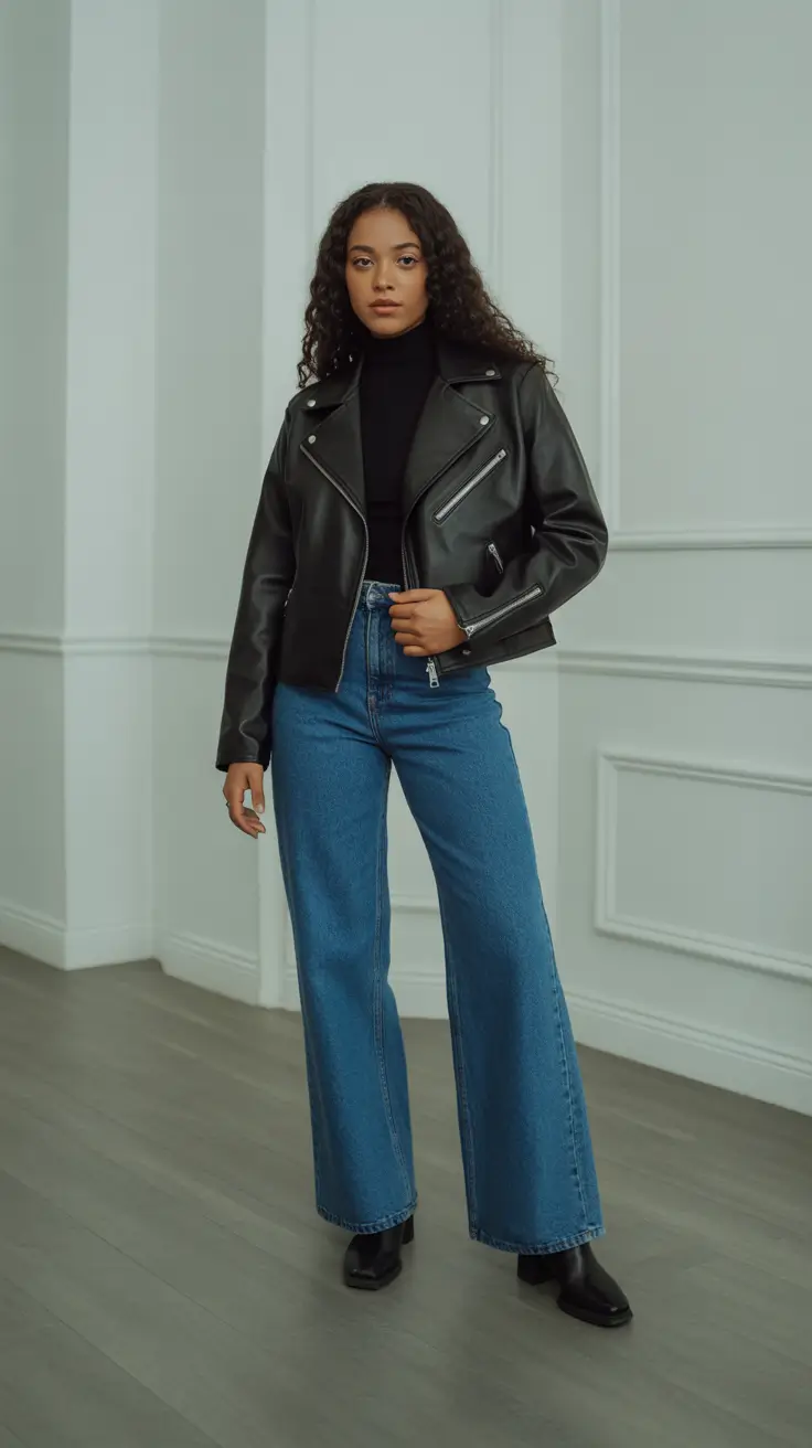Outfit ideas for Black women 2026 - Classic Black Biker And Wide Denim