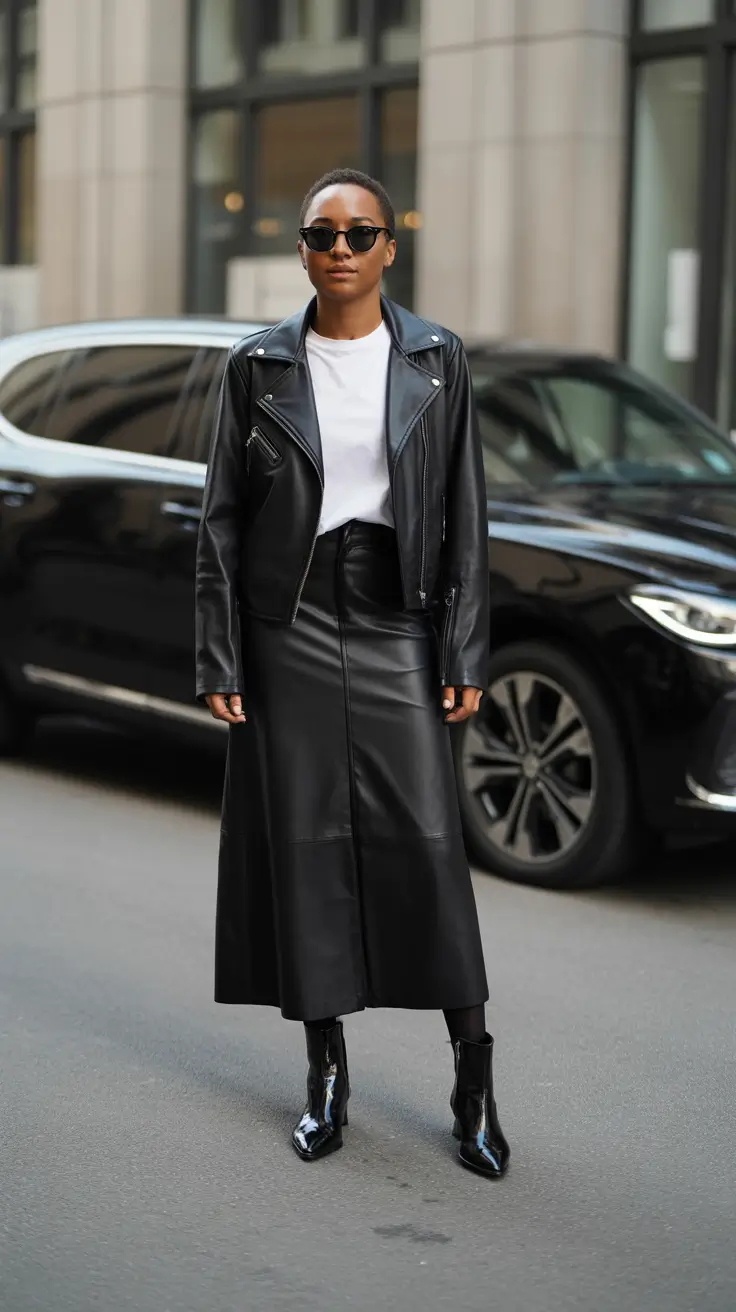 Outfit ideas for Black women 2026 - All Leather Power Look With A Midi Skirt