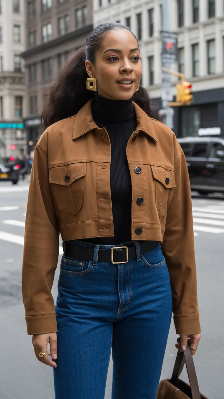Outfit ideas for Black women 2026 - Cropped Camel Jacket For Smart Denim Days