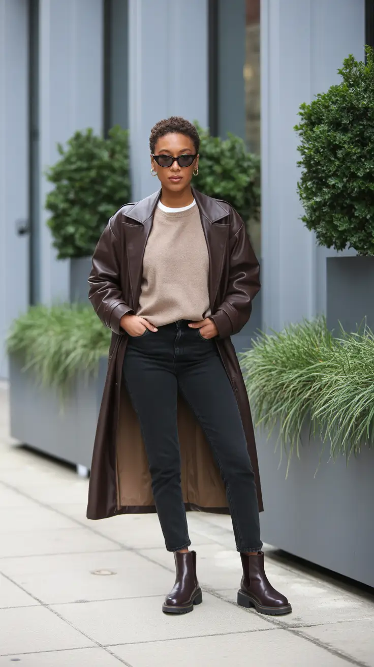 Outfit ideas for Black women 2026 - Chocolate Trench And Slim Black Denim