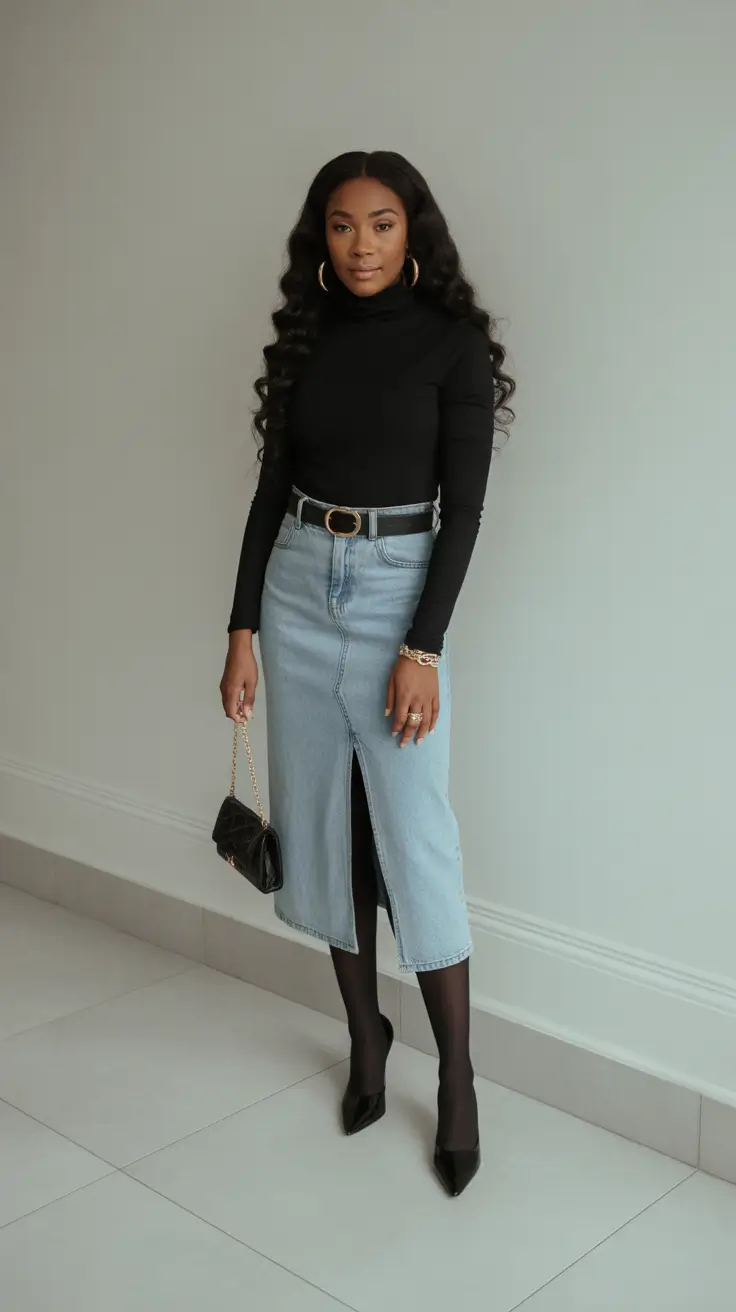 Outfit Ideas For Black Women 2026 - Denim Midi Skirt With A Sleek Black Turtleneck