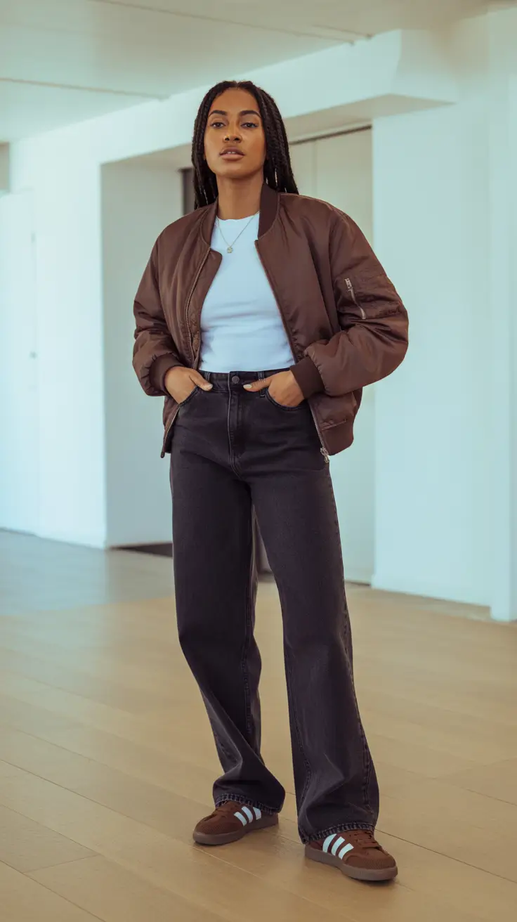 Outfit Ideas For Black Women 2026 - Brown Bomber And Dark Denim For Off Duty Days