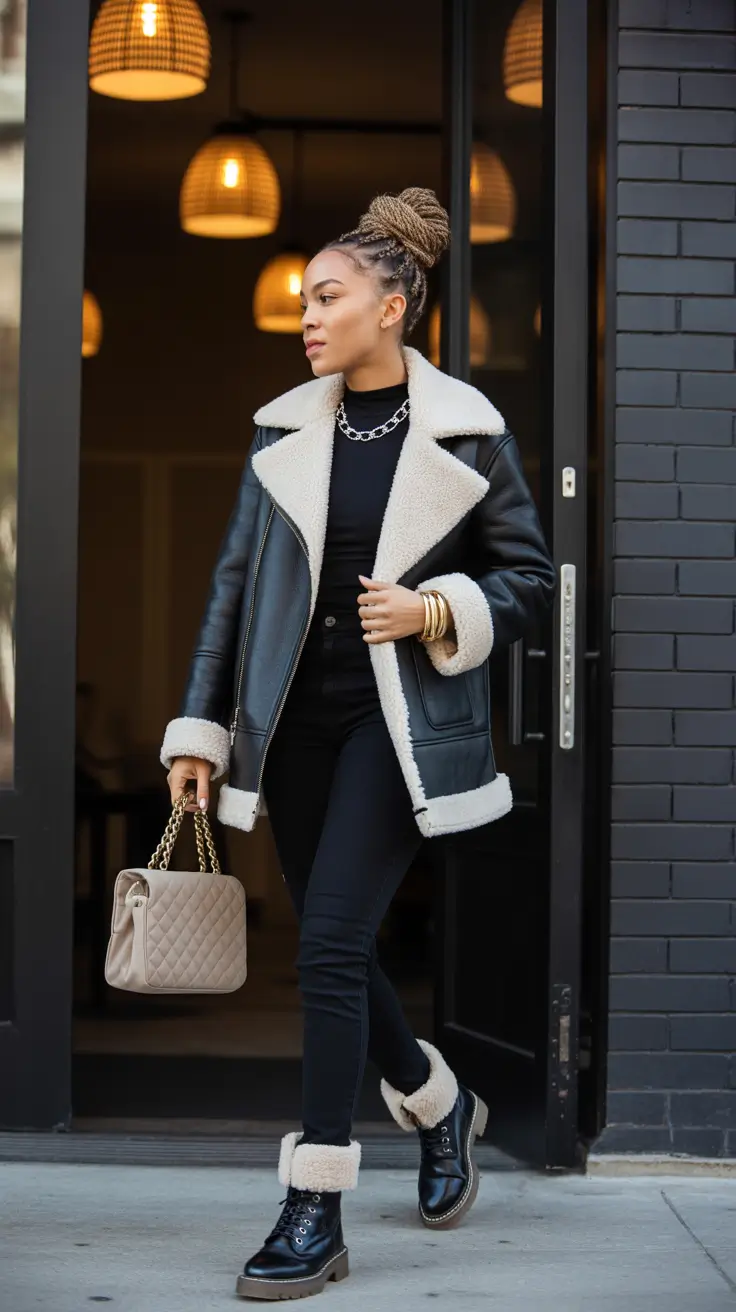 Outfit ideas for Black women 2026 - Shearling And Leather For Winter Nights