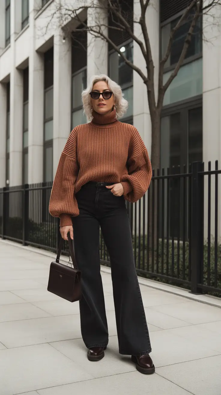 Elegant outfits for women over 40 in 2026 - Rust Turtleneck and Black Wide-Leg Denim