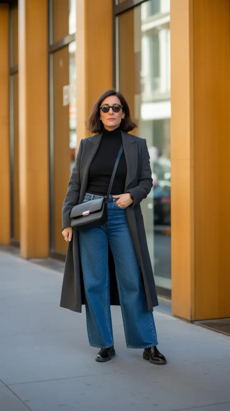Elegant outfits for women over 40 in 2026 - Charcoal Coat with Wide-Leg Denim