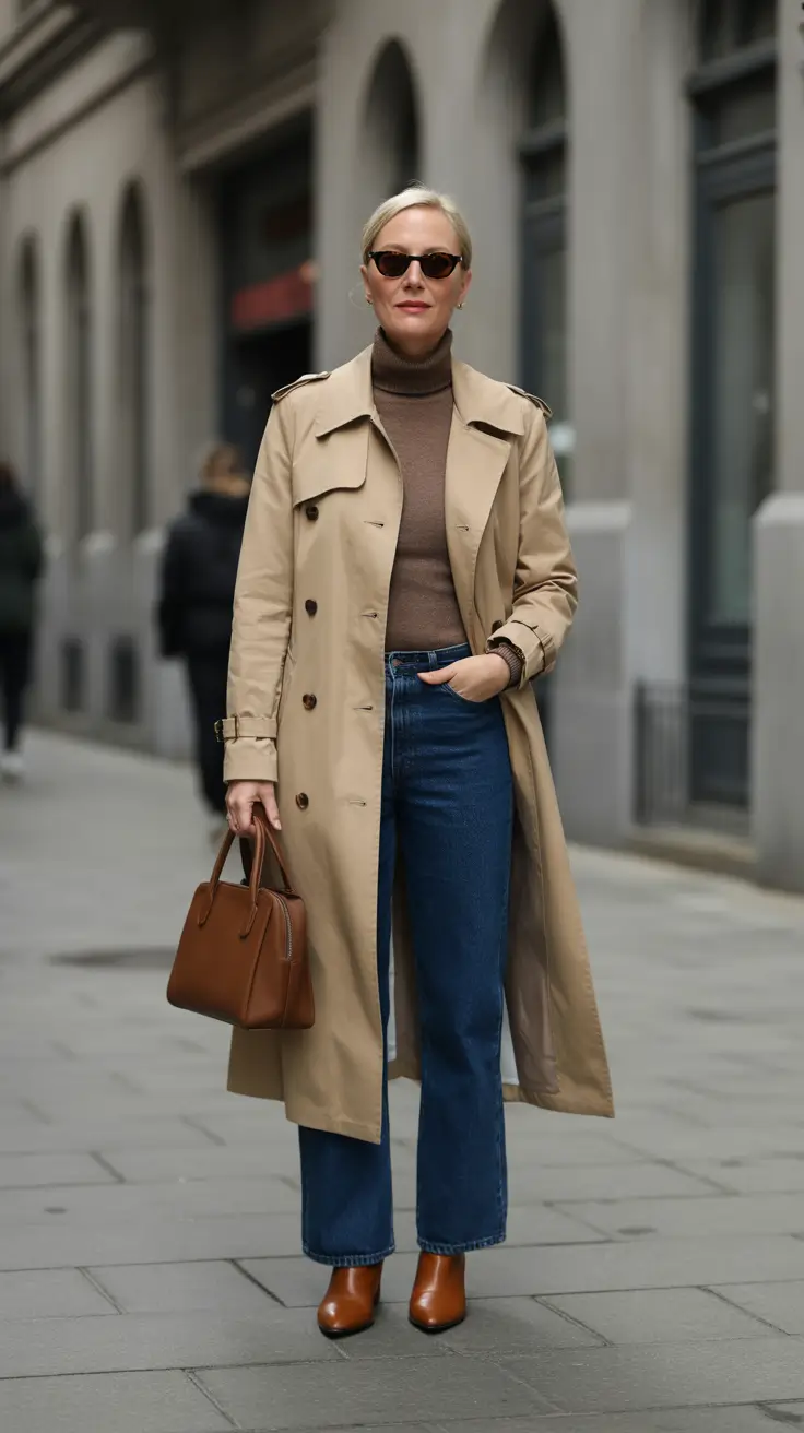 Elegant outfits for women over 40 in 2026 - Heritage Trench with Cocoa Turtleneck