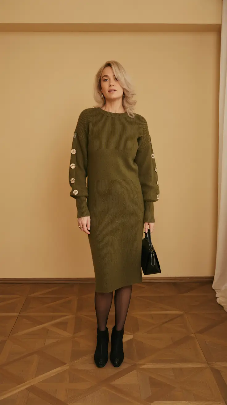 Elegant outfits for women over 40 in 2026 - Olive Button-Sleeve Knit Dress