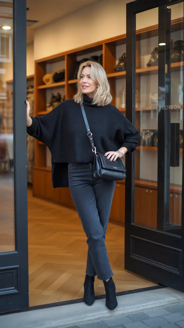 Elegant outfits for women over 40 in 2026 - Black Knit Poncho with Charcoal Denim