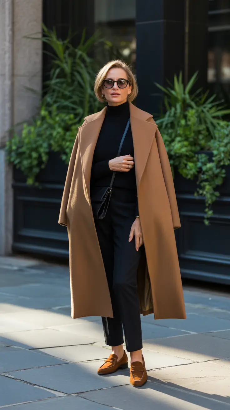 Elegant outfits for women over 40 in 2026 - Camel Coat Over All Black - The City Uniform