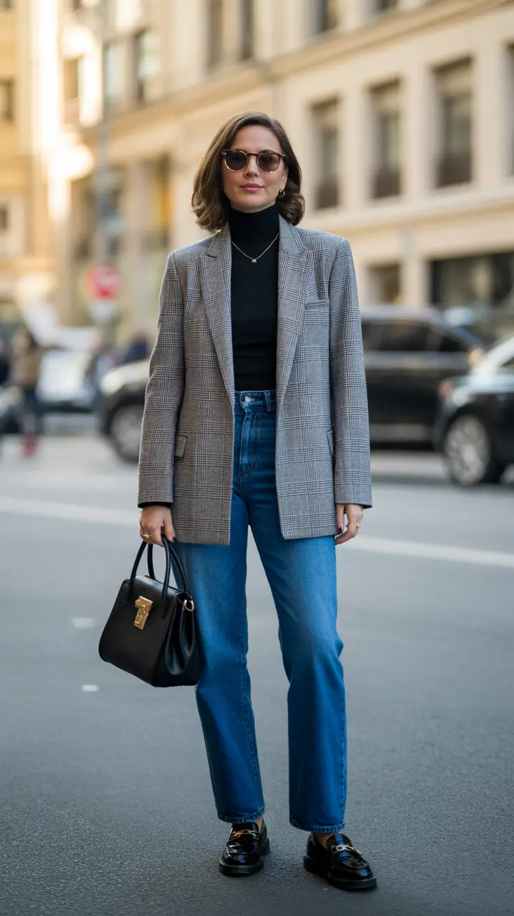 Elegant outfits for women over 40 in 2026 - Checked Blazer, Denim, and Polished Loafers